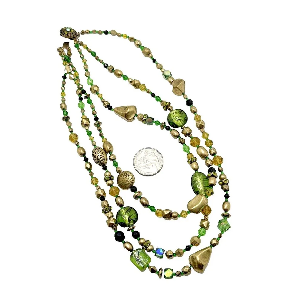 Vintage Green Gold Multi Strand Bead Necklace Boho Crystal Accents Box Clasp 16